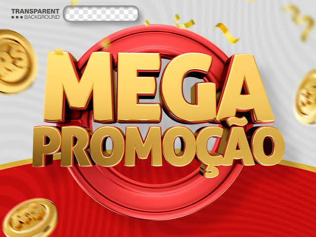 Exemplo gráfico com texto Mega Promoção em dourado e vermelho