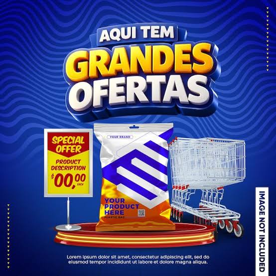 Exemplo visual com chamada Grandes Ofertas em azul e amarelo